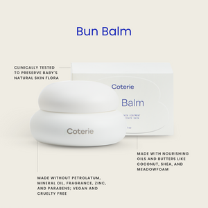 Coterie Bun Balm shown in a white jar with its matching box on a light beige background, surrounded by text callouts about clinical testing and ingredients.