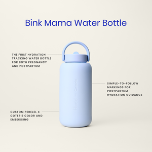 A light blue water bottle centered on a warm off-white background, with blue text callouts describing features such as tracking water for postpartum hydration and custom Perelel x Coterie color and embossing.