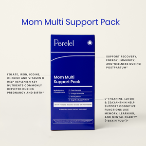 A blue box of Perelel Mom Multi Support Pack centered on a light beige background, with descriptive text callouts around it explaining its support and recovery benefits.