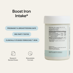 Daily Iron Ease bottle and Supplement Facts; third-party tested with clinically studied Ferrochel iron.