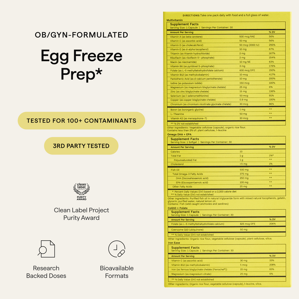 Perelel Egg Freeze Support Pack old vs. new packaging, noting "packaging may vary as we transition".