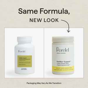Fertility+ Support: previous and updated packaging side by side. Same formula, new look; packaging may vary during the transition.