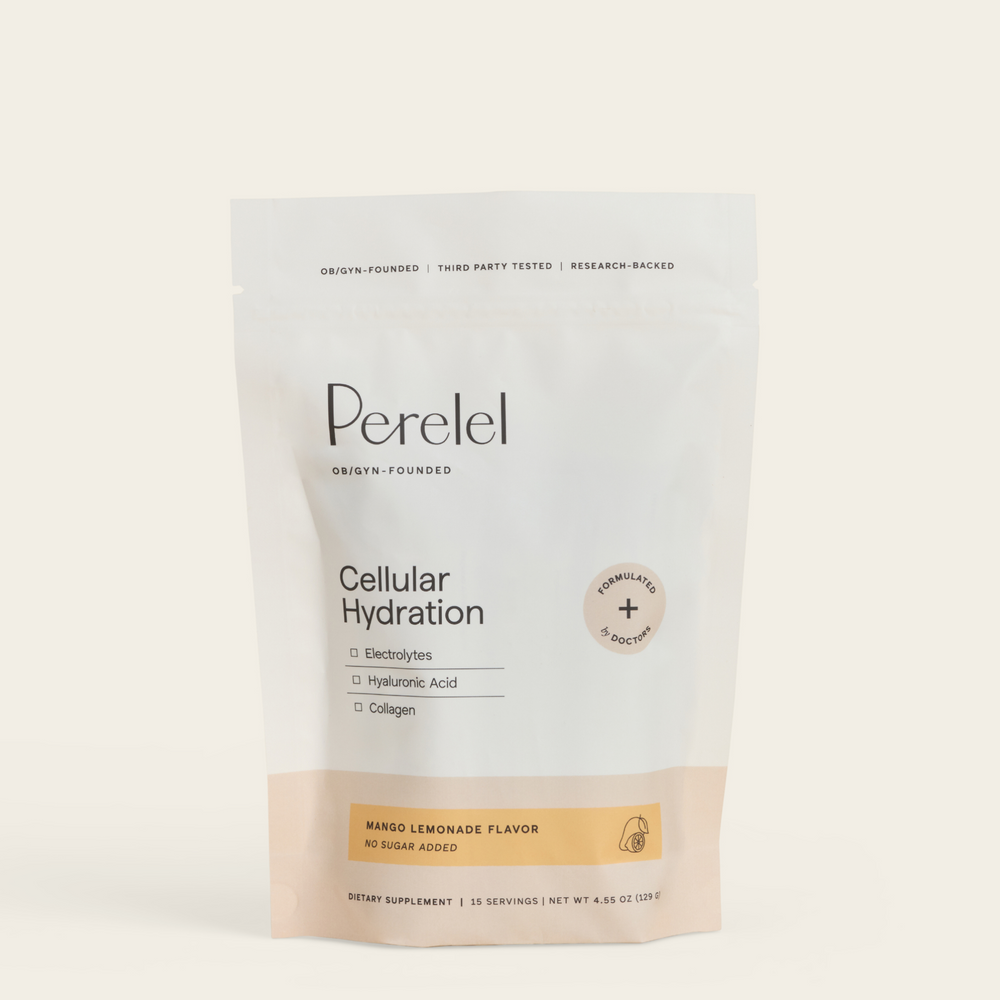 A stand-up pouch of Perelel Cellular Hydration dietary supplement in Mango Lemonade flavor, shown on a clean off-white background.