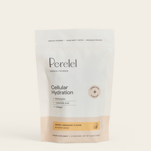 A stand-up pouch of Perelel Cellular Hydration dietary supplement in Mango Lemonade flavor, shown on a clean off-white background.