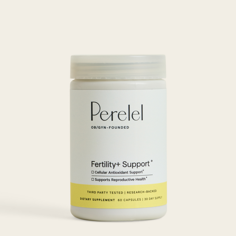 Perelel Fertility+ Support bottle on a light beige background
