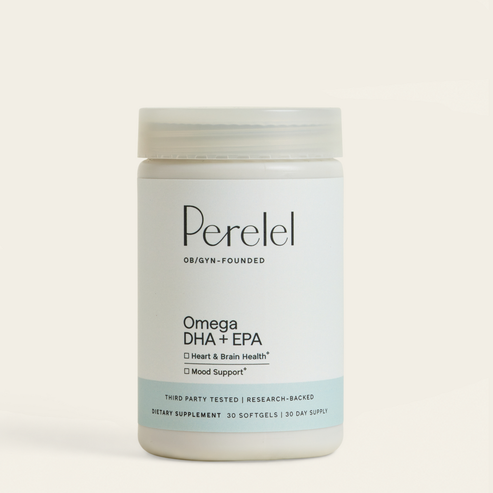 Perelel Omega DHA + EPA bottle on a light beige background