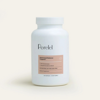 Supplement bottle labeled 'Perelel' for hormonal balance support on a light background