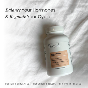 Perelel supplement bottle on a white fabric background with text about hormone balance and cycle regulation.