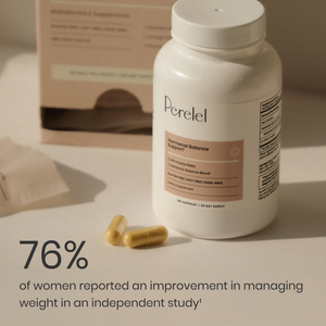 Perelel supplement bottle with capsules on a neutral background