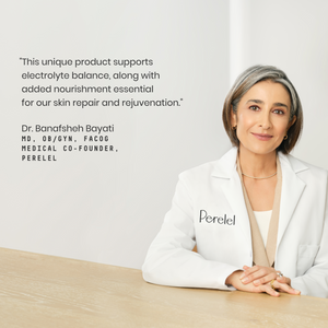 Dr. Bayati in a white lab coat with 'Perelel' logo, sitting at a desk with text about electrolyte balance and skin repair.