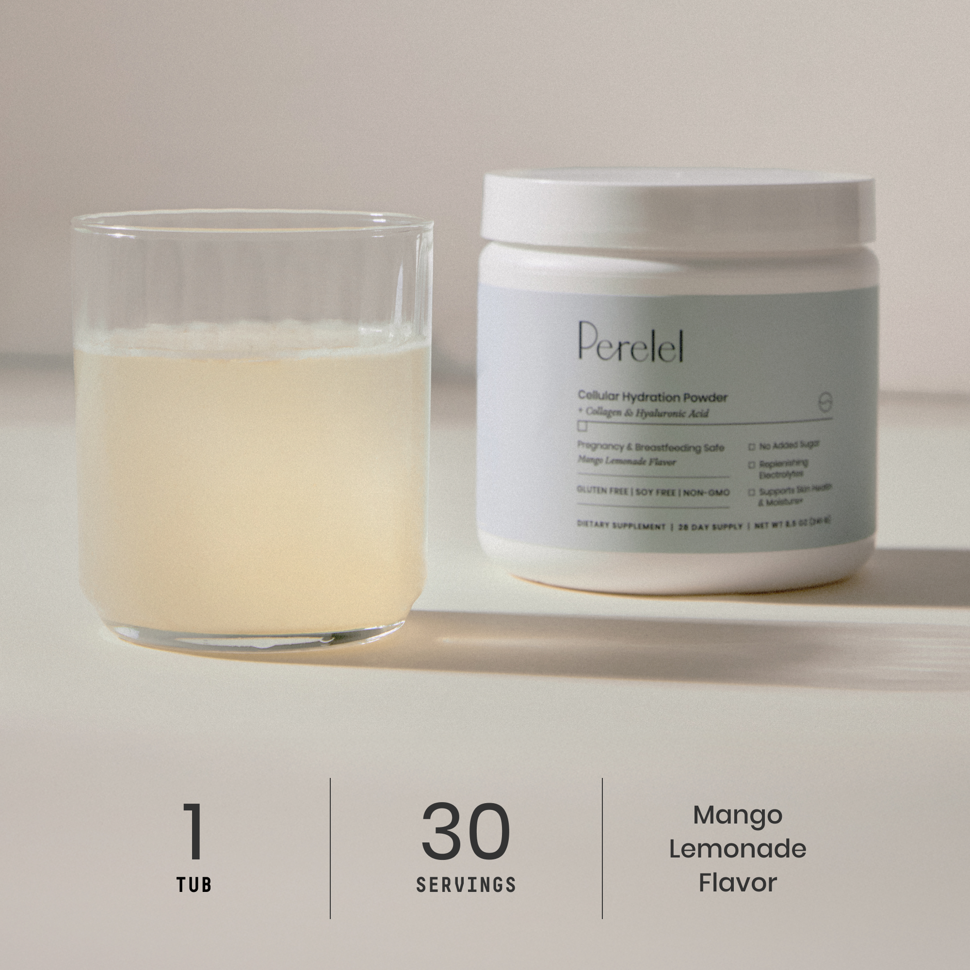 cellular hydration tub and glass with serving size and flavor