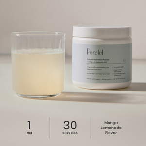 cellular hydration tub and glass with serving size and flavor