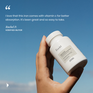 Hand holding a white supplement bottle with a blue sky background and a quote from a verified buyer.