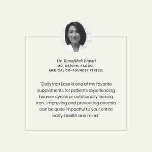 Black and white photo of a woman with text about Daily Iron Ease supplement.