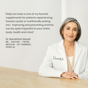 Dr. Bayati in a white lab coat with 'Perelel' logo, sitting at a desk with text about Daily Iron Ease.