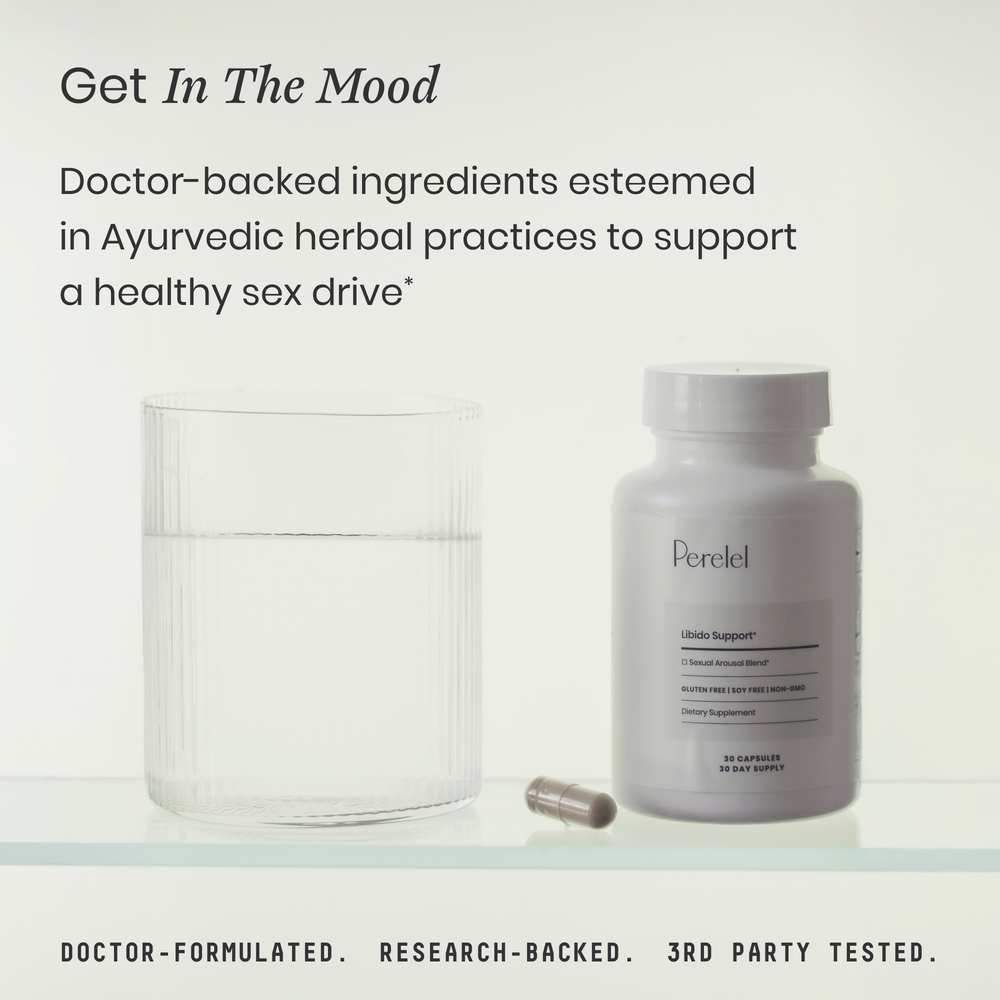 Perelel supplement bottle with a glass container on a light background