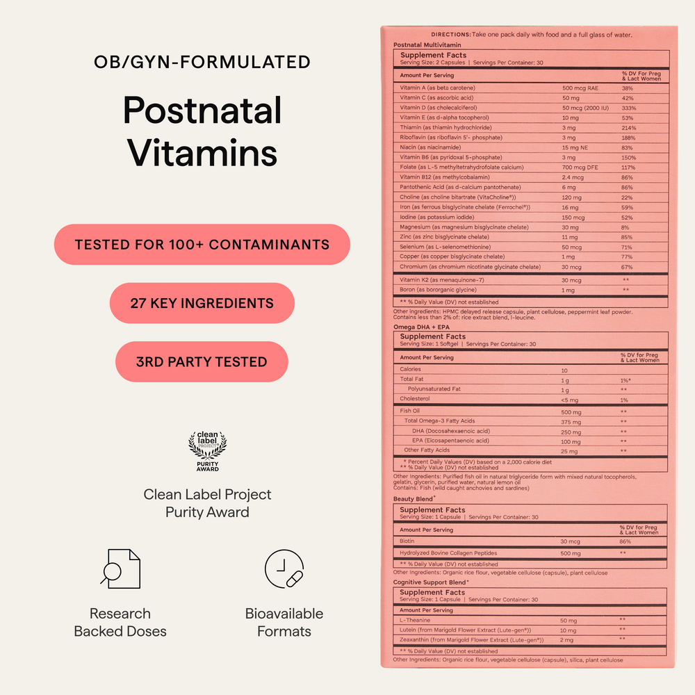 Mom Multi Support Pack Supplement Facts and testing information; 27 key ingredients, third-party tested for over 100 contaminants.