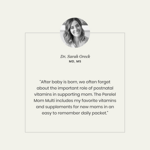 quote text about postnatal vitamins with a quote from Dr. Sarah Oreck on a light gray background.