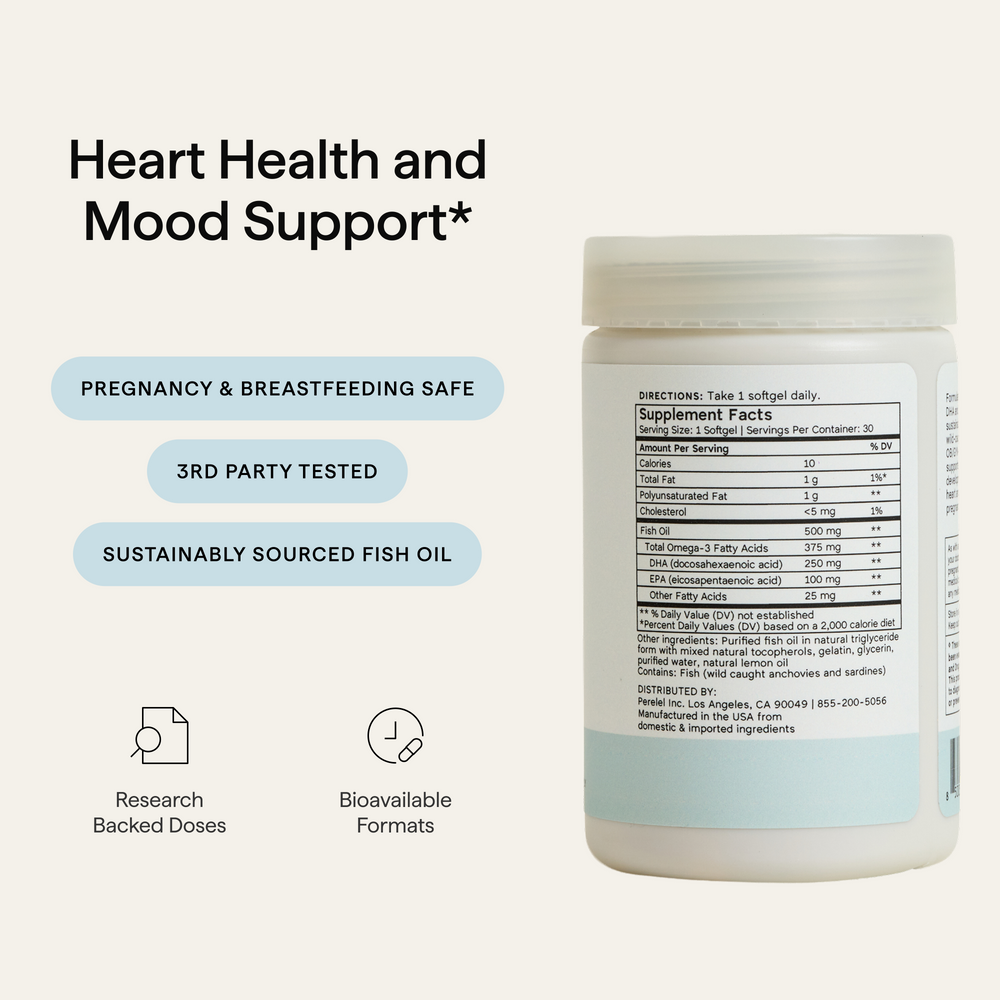 Omega DHA + EPA Fish Oil bottle and Supplement Facts; sustainably sourced fish oil, third-party tested.