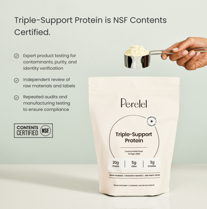 Triple-Support Protein is NSF Contents Certified. Protein gusset bag on cream background.
