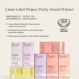 Perelel prenatal and multivitamin packs, Clean Label Project Purity Award winners, tested for heavy metals, pesticides, BPA, BPS, and phthalates.