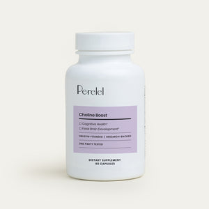 Supplement bottle labeled 'Perelel Choline Boost' on a white background