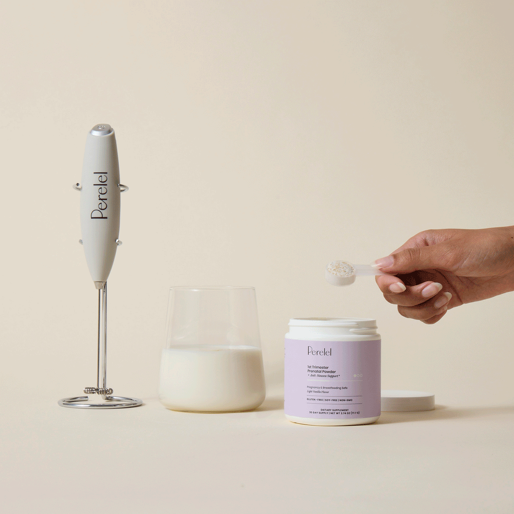 Visual showing how to mix Perelel 1st Trimester Prenatal Powder