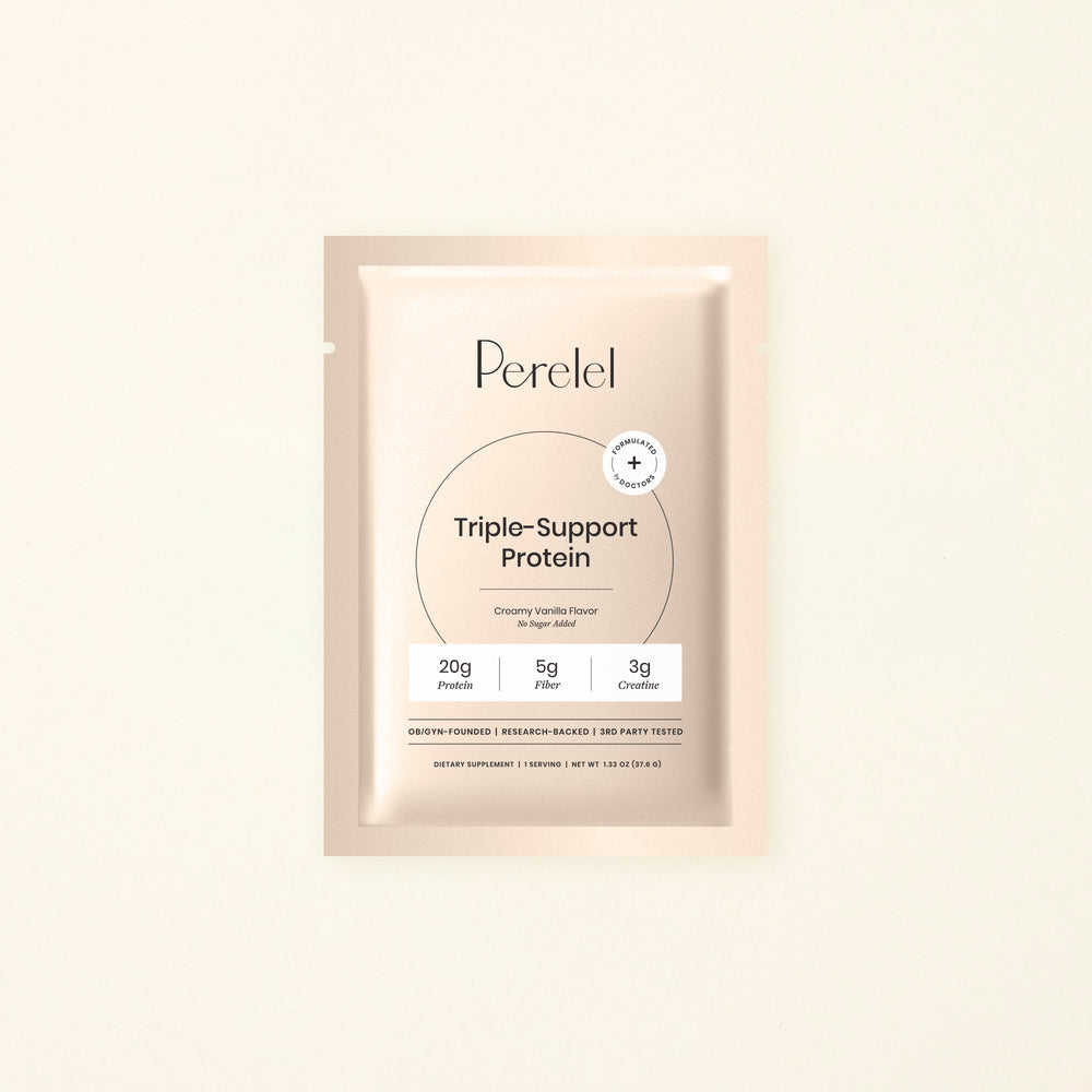 Perelel Triple-Support Protein single serve packet on a light beige background