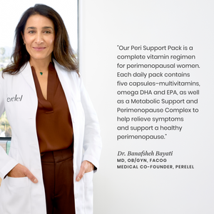 Woman in a white coat with text about a peri support pack for perimenopausal women, featuring Dr. Banafsheh Bayati.