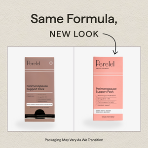 Perimenopause Support Pack: previous and updated packaging side by side. Same formula, new look; packaging may vary during the transition.