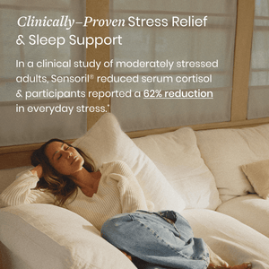 Woman lying on a couch with text about clinically proven stress relief and sleep support.