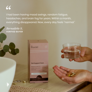 Person holding a glass of water with Perlel Perl Support Pack and pills on a table and verified buyer quote 