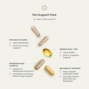 Peri Support Pack with capsules and a supplement on a white background