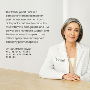 Dr. Bayati in a white lab coat with 'Perelel' branding, sitting at a desk with text about a perimenopause support pack.