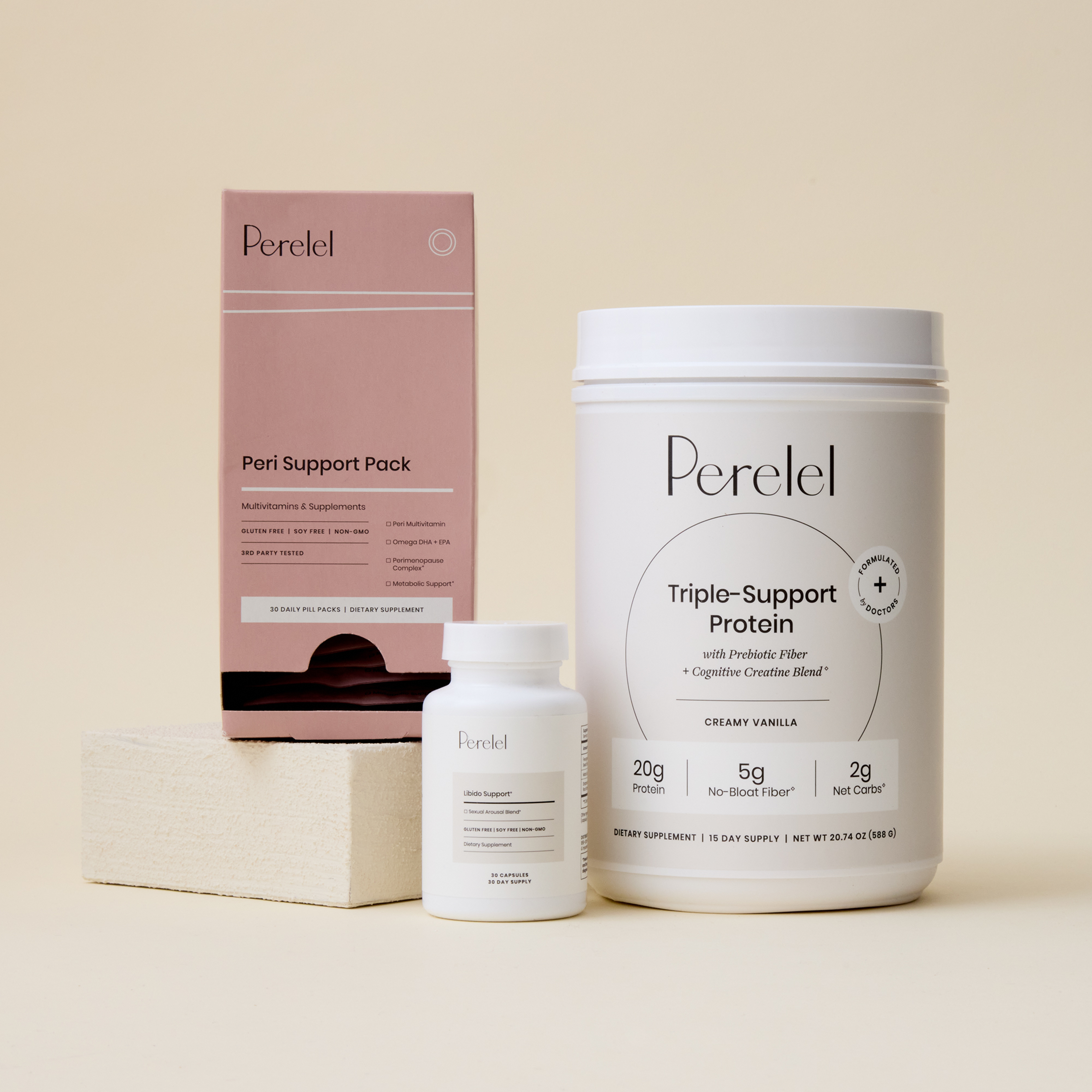 peri support pack, triple support protein, and sleep support 