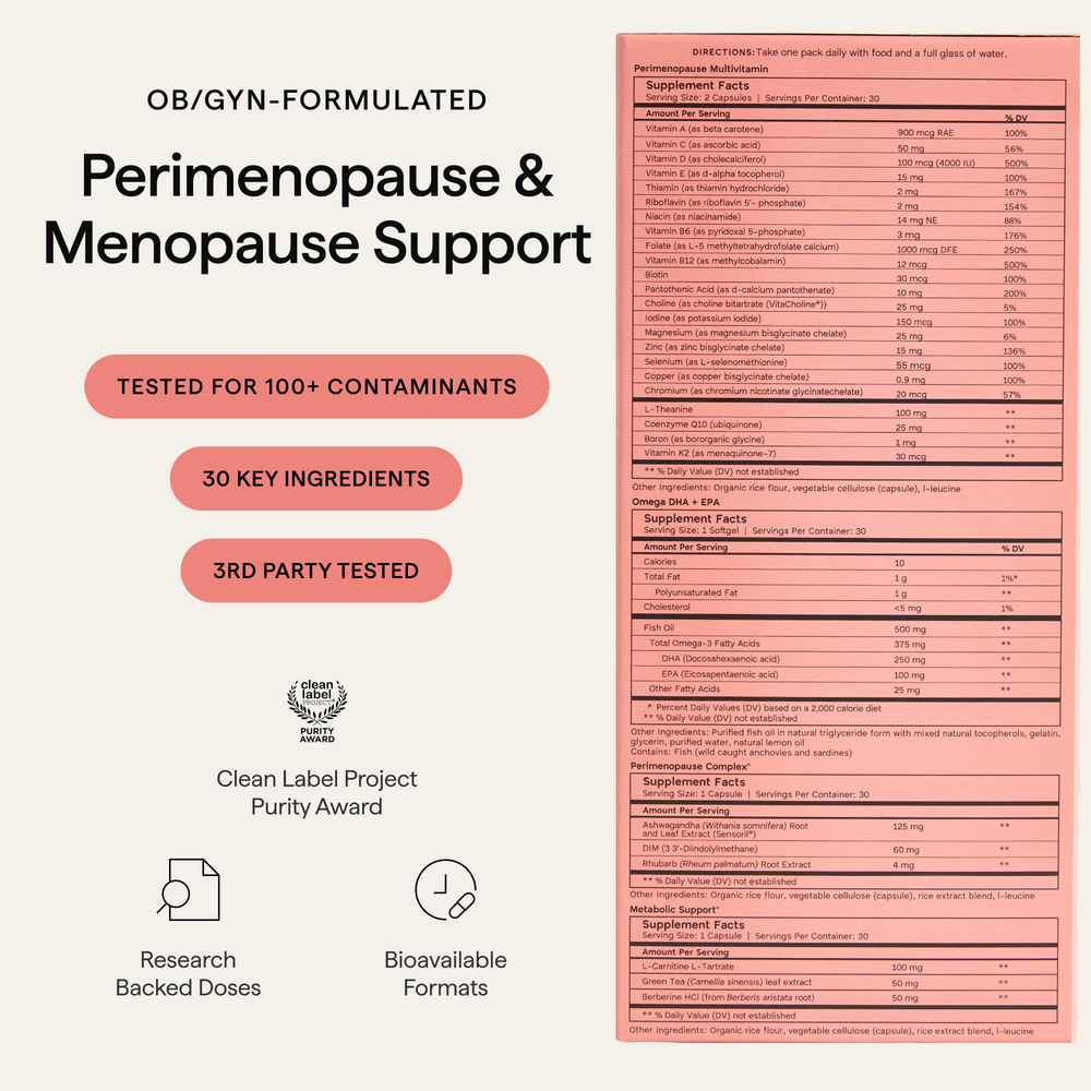 Perelel Perimenopause Support Pack old vs. new packaging, noting "packaging may vary as we transition".