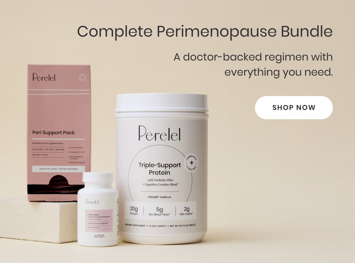 Perelel perimenopause bundle with protein powder, support pack, and supplement on a beige background.