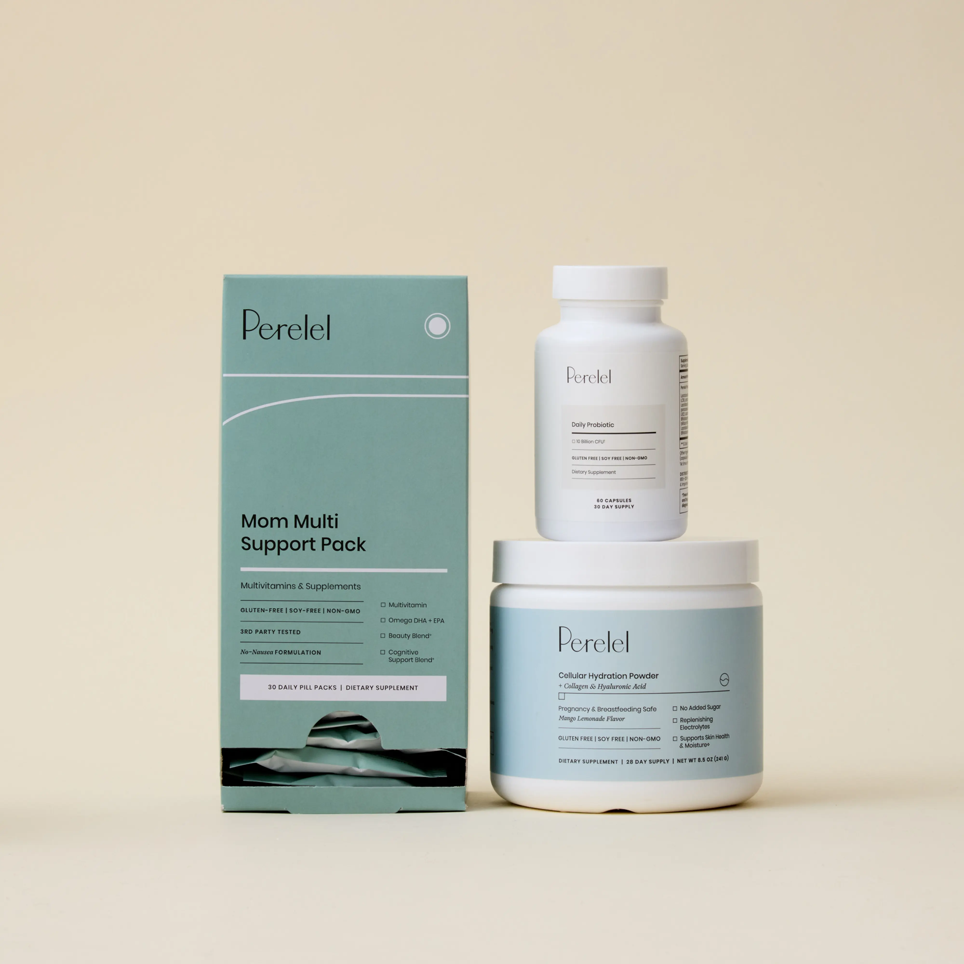 PostpartumBundle-mom multi support pack front box front, daily probiotic from of pill bottle, cellular hydration front of tub