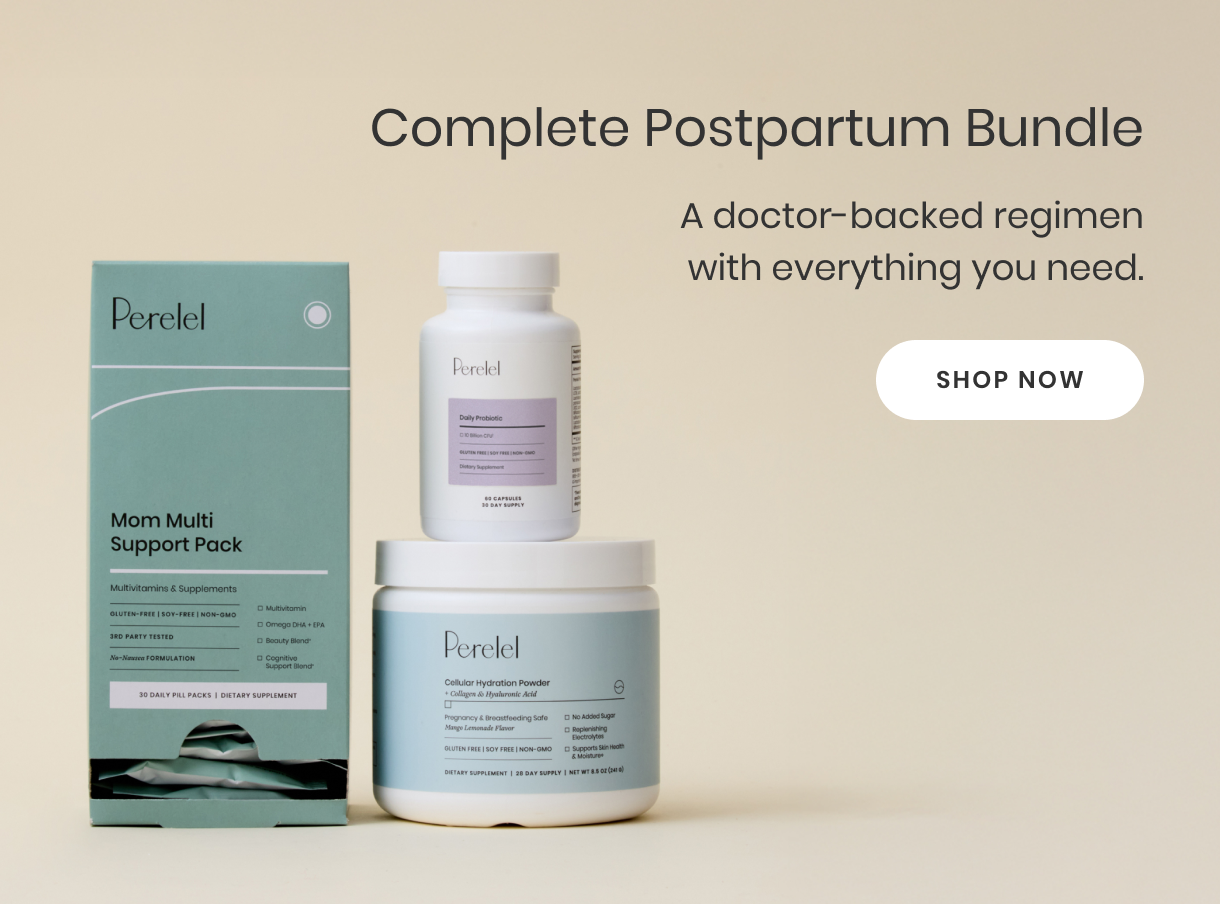 Perelel postpartum care products including a box and bottles on a beige background with text about a complete postpartum bundle.