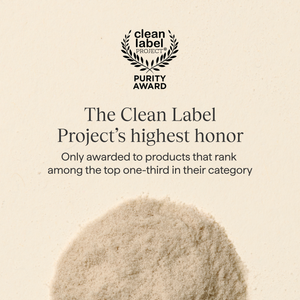 "Clean Label Project Purity Award" Badge on a warm cream background with text 'The Clean Label Project's highest honor' and 'Only awarded to products that rank among the top one-third in their category.'