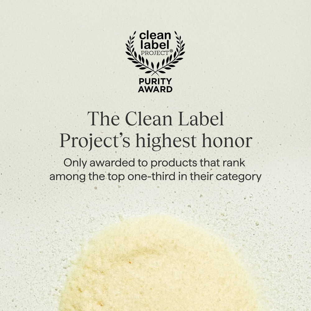 "Clean Label Project Purity Award" Badge on a warm cream background with text 'The Clean Label Project's highest honor' and 'Only awarded to products that rank among the top one-third in their category.'