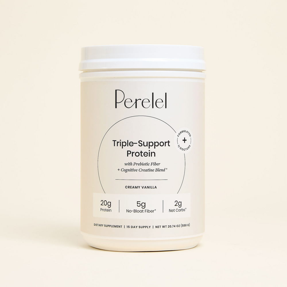 Perelel Triple-Support Protein container on a beige background