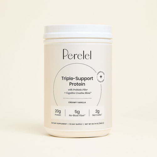 Perelel Triple-Support Protein container on a beige background