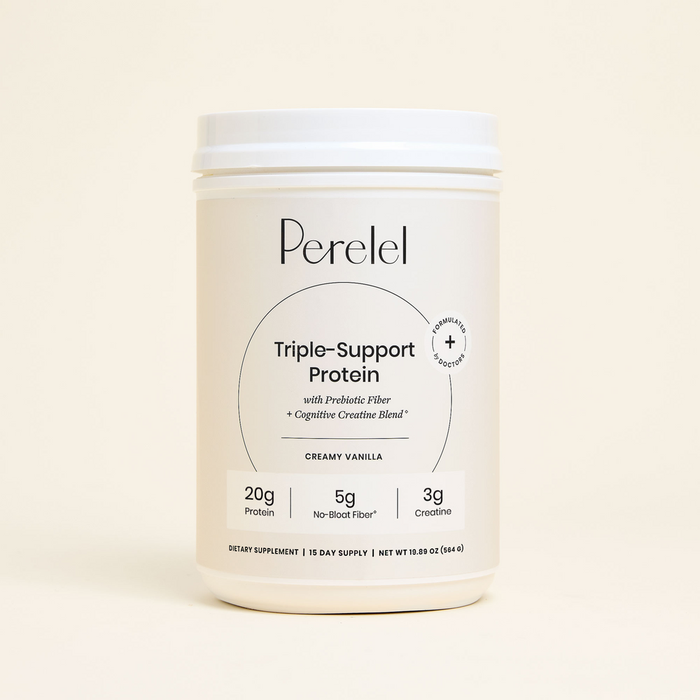 Perelel Triple-Support Protein container on a beige background