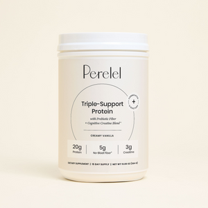 Perelel Triple-Support Protein container on a beige background