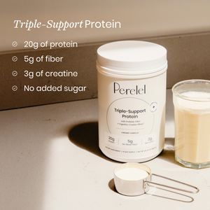 Triple-Support Protein container with a glass of protein shake and measuring cup on a light surface.