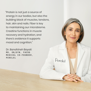 Dr. Bayati in a white lab coat with text about protein and health on a light background