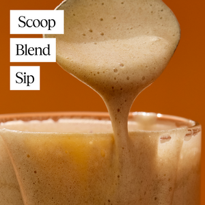 Smoothie beverage with callouts in white box that say "Scoop", "blend", "sip"