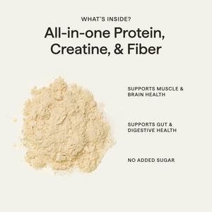 A light beige powder pile on a white background with text reading 'WHAT'S INSIDE? All-in-one Protein, Creatine, & Fiber' and additional health benefits callouts.