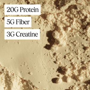 Powder with callouts in white box that say "20g Protein", "5g Fiber", and "3g Creatine"